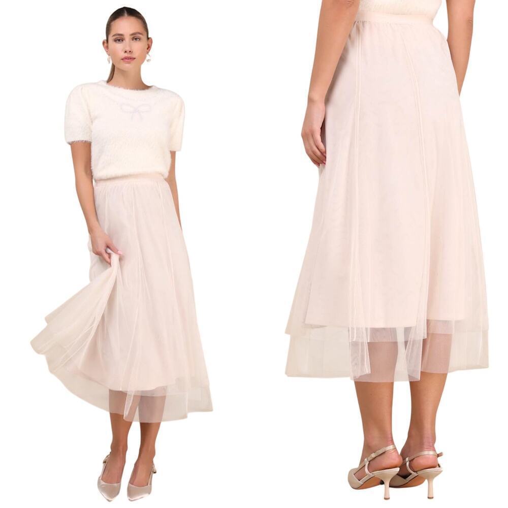 Lulu Fabulous Chicness Cream Tulle High-Rise Pull-on Midi Skirt size Small